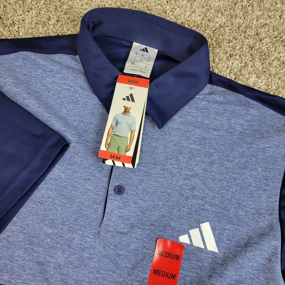 NWT Adidas Mens Medium Blue Colorblock Performance Stretch Polo Short Sleeve